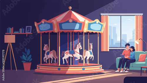 Couple on couch watching a carousel in a room with cityscape view