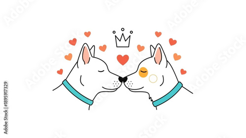 A loving embrace between two adorable canine companions surrounded by hearts and a royal crown
