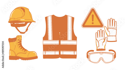 Safety Gear and Caution Sign: A comprehensive array of construction safety equipment, including a protective helmet, safety vest, work boots, protective gloves, safety glasses, and a warning sign.