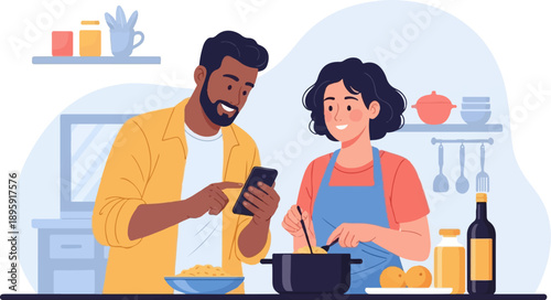 Couple cooking together while checking phone recipe for a meal