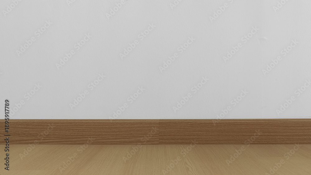 Naklejka premium Empty white wall with wooden floor, minimal interior background for mockup and design use.