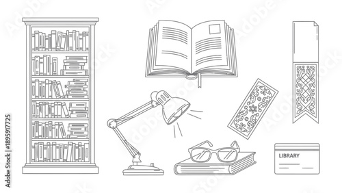 Library's Literary Treasures: A captivating sketch depicts a cozy library setting, with stacks of books, an open book, a lamp, and bookmark creating an inviting atmosphere