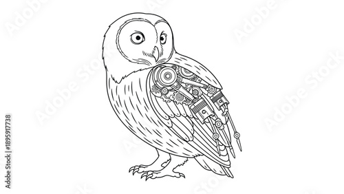 Mechanical Owl: A line art illustration depicts an owl merged with mechanical components, symbolizing a fusion of nature and technology.