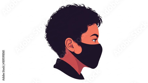 Young man with curly hair wearing a protective black face mask, side profile illustration