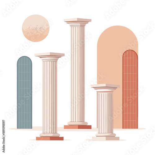 Ancient pillars standing together in a minimalist composition with arches and geometric shapes in a serene environment from a frontal viewpoint