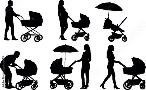 Set of silhouettes of parents pushing baby strollers, pregnant mother and father walking with pram vector illustration.