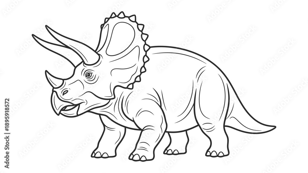 Fototapeta premium Majestic Triceratops Illustration: A detailed black and white illustration of a triceratops, an iconic dinosaur, showcasing its impressive frill, horns, and powerful build.