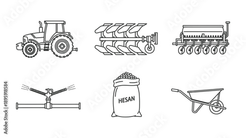 Farm Equipment Icons: A set of detailed line icons showcases essential farm machinery, representing the tools of agriculture. This includes a tractor, plough, seeder, sprinkler, sack of seeds.
