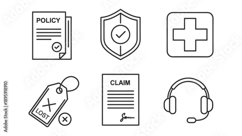 Insurance Essentials: A collection of simple, clear icons representing key elements in the insurance realm, from policy documents and claims forms to the shield of protection.