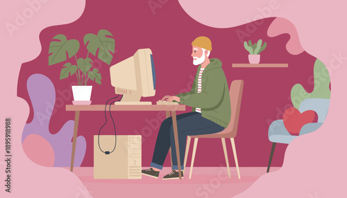 Senior man using a retro desktop computer at home connecting digitally