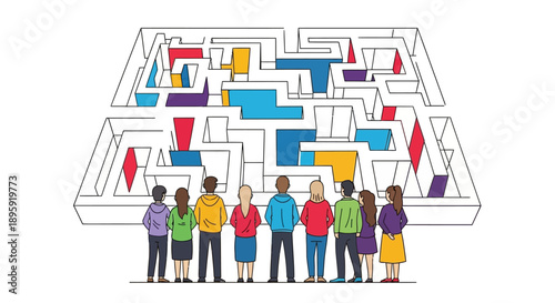 Group of people facing a complex 3D business maze. Strategy, teamwork, and problem-solving concept illustration for finding the solution path.