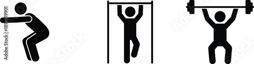 Fitness exercise icons set squat pull up weightlifting gym workout training silhouettes isolated black vector illustration