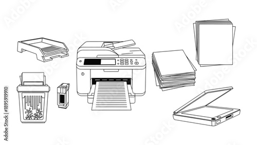 Office Equipment: A sleek monochrome illustration showcases an array of essential office equipment, including a versatile printer, scanner, paper tray, a secure shredder, ink cartridge.