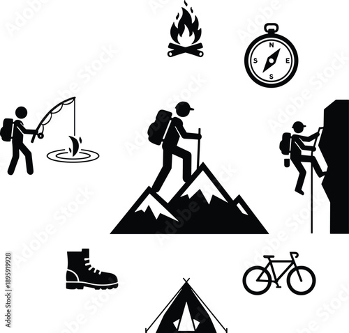 Outdoor adventure icons set hiking climbing fishing camping biking navigation survival gear mountain expedition silhouette vector illustration pack isolated black