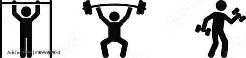 Fitness workout icon set showing pull up bar weightlifting barbell and dumbbell exercises minimal silhouette vector illustration gym training symbols