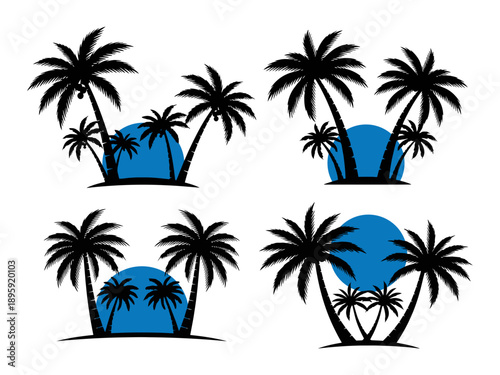  Silhouettes of Palm Trees and Blue Sun