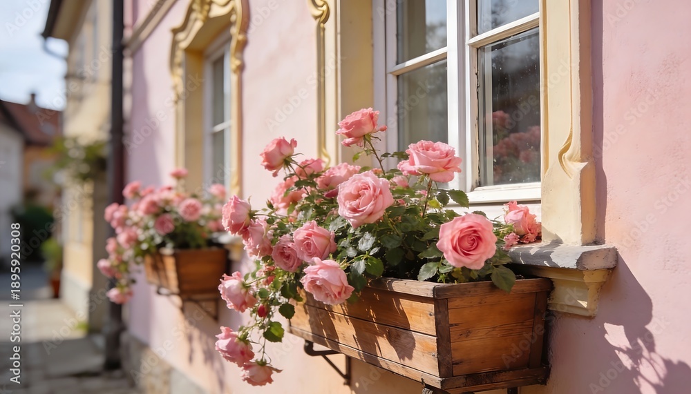 Fototapeta premium Pink Roses Blooming in Wooden Window Boxes on Pastel House – Charming European Street Scene