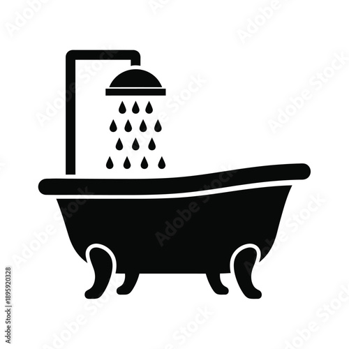 A black silhouette of a clawfoot bathtub with a shower head and raindrops