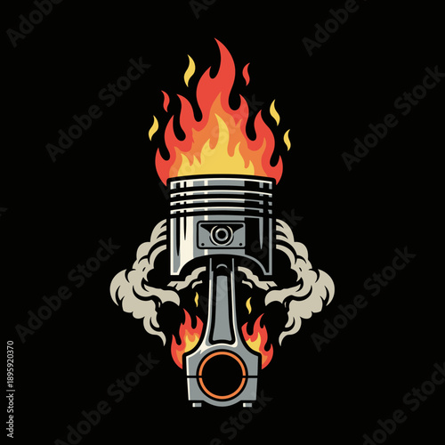 Flaming Piston Engine Part with Smoke Illustration.
