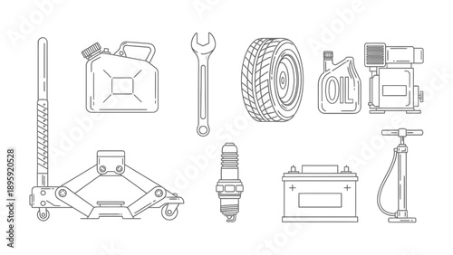 Essentials of Automotive Maintenance: An array of tools and supplies critical for vehicle upkeep, including a tire, wrench, and fuel can, perfectly illustrate the fundamentals of car care.