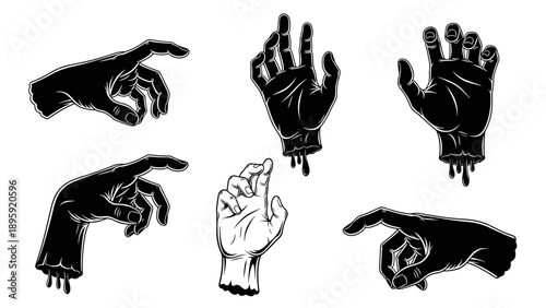 Set of Six Creepy Zombie Hands Illustration.