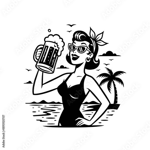 Retro Woman Enjoying a Refreshing Beer on a Tropical Beach.