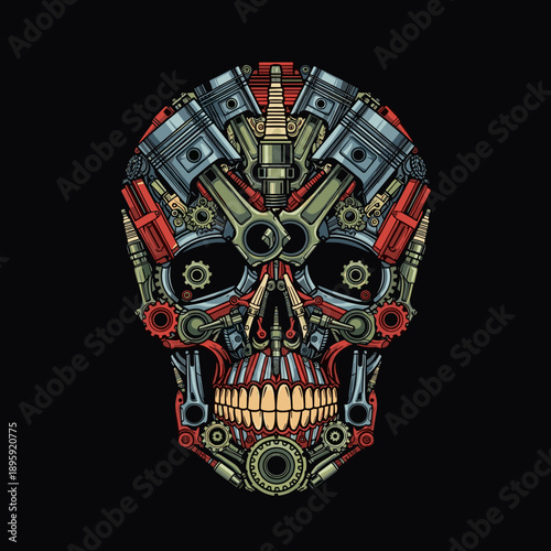 Intricate Mechanical Skull Art with Engine Parts and Gears.