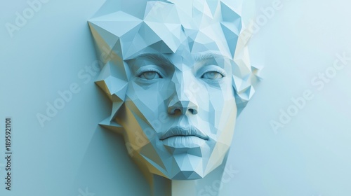 Wallpaper Mural Abstract sculpture of a human face in light blue tones with geometric shapes and sharp angles set against a smooth background Torontodigital.ca