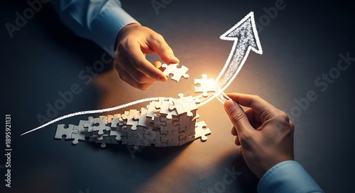 Two hands placing puzzle pieces together with an upward arrow symbolizing growth and progress white