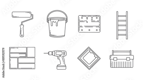 Essential Construction Toolkit: An array of construction tools, including paint roller, paint bucket, level, ladder, brick, drill, square, and toolbox, ready for renovation. 