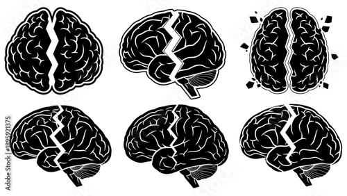 Collection of cracked human brains in various views representing mental health issues.