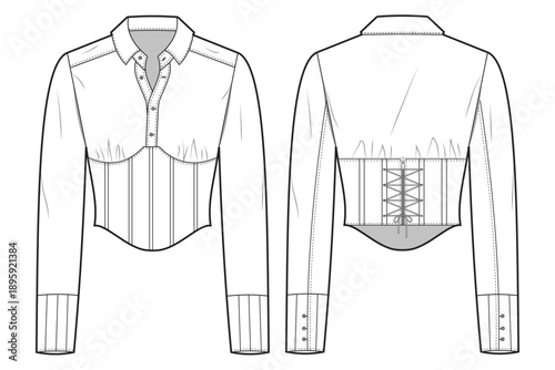Woman corset shirt technical fashion template. flat sketch lace up collared blouse design, front and back, lace up, CAD drawing slim fit mockup & illustration.