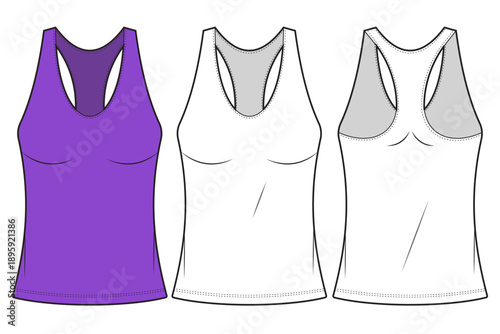 Woman tank top technical fashion template & illustration. flat sleeveless sportswear template, racerback activewear, front and back, sketch drawing, casual attire.