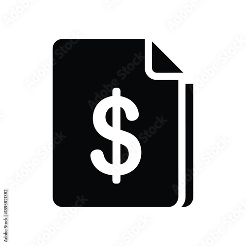 Black icon of a document with a dollar sign on a representing financial or business concept