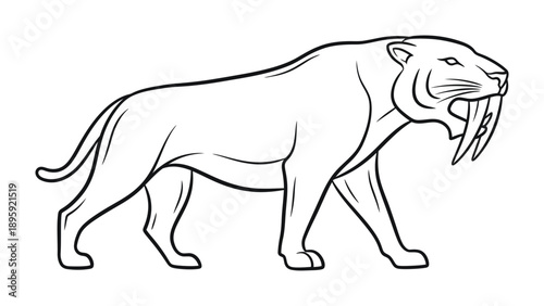 Ancient Predator Illustration: A detailed outline of a saber-toothed cat, a powerful prehistoric predator, prowling with a focused gaze and imposing fangs.