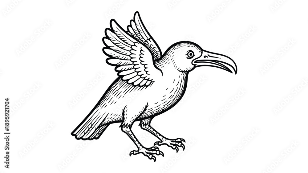 Obraz premium Raven in Flight: A meticulously detailed illustration of a raven in mid-flight, showcasing its impressive wingspan and powerful beak, ready to take wing or just landed. 