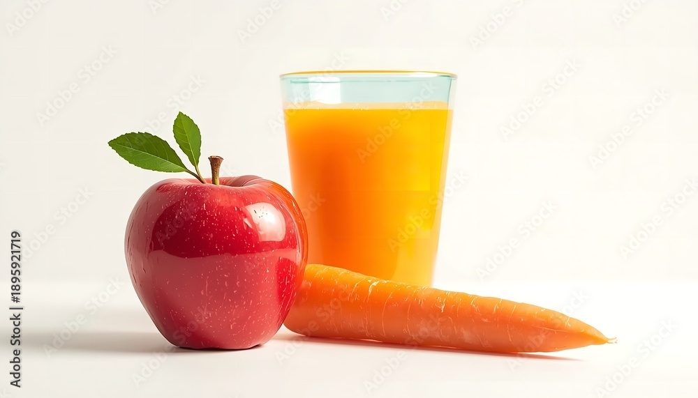 Fototapeta premium A glass of orange juice with a red apple and a carrot on a white background