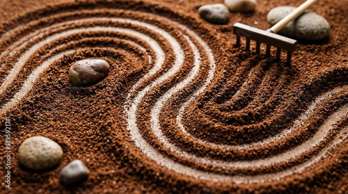 Intricate raked patterns in a miniature Zen garden featuring smooth stones, evoking a sense of tranquil harmony and mindful contemplation for relaxation and balance