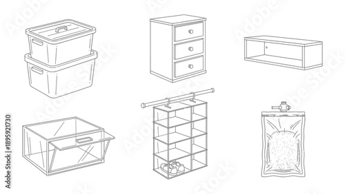 Home Organization Line Art: A set of storage solutions in minimalist line art, offering a sleek and practical representation for decluttering and space optimization.