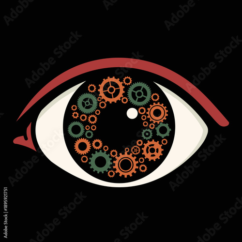 Human eye with gears and cogs representing mechanical vision or artificial intelligence.