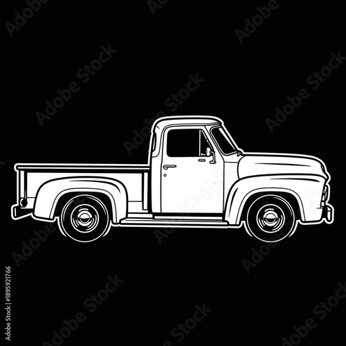 Classic American Pickup Truck Side View Outline Illustration.