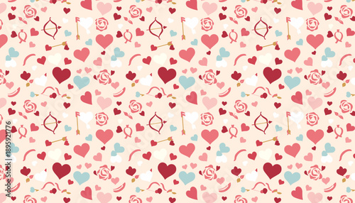 Cute Valentines pattern hearts roses and cupid bows on beige background symbolizing romance and love
