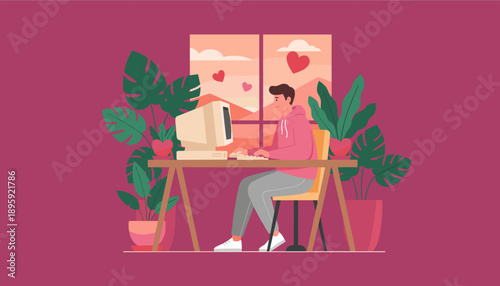 Man working from home on a retro computer surrounded by plants with hearts visible through the window