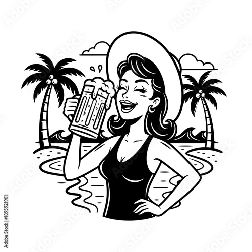 Happy woman enjoying a refreshing beer on a tropical beach.