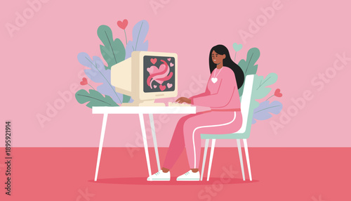 Smiling woman messaging love online on a retro PC Digital dating romance and Valentine concept