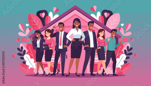 Diverse professional team stands confidently by a pink house Success real estate and positive community