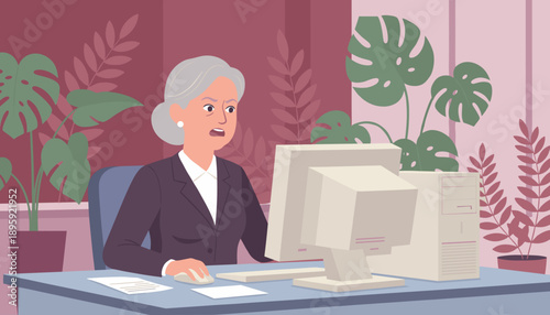 Elderly businesswoman struggling with an outdated computer error in a modern office