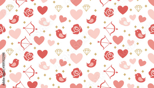 Valentines Day seamless pattern of hearts roses lovebirds and Cupid bows on white background