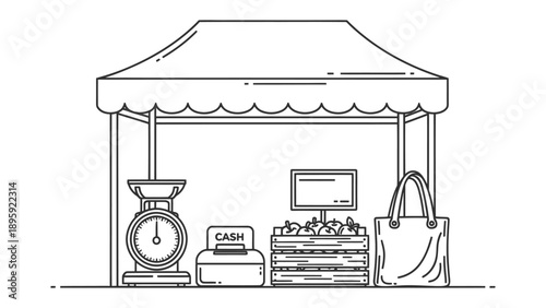 Local Market Stall: A charming illustration showcases a bustling market stall, complete with a scale for weighing produce, a cash register, fresh goods, and a reusable shopping bag.