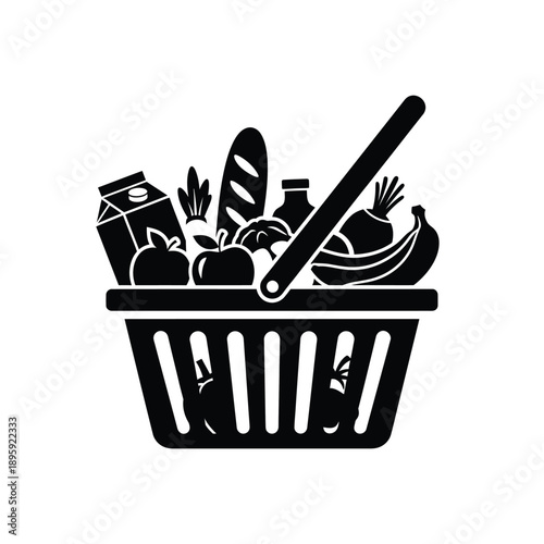 Black silhouette of a grocery shopping basket filled with food items